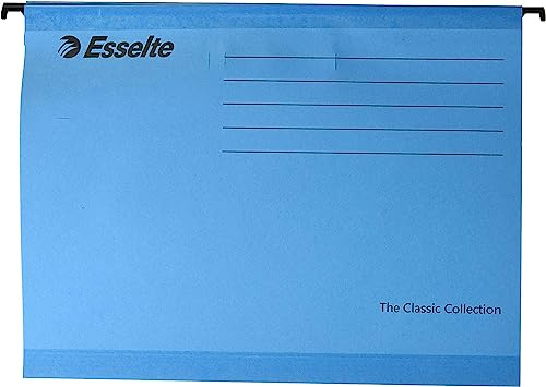 Esselte The Classic Collection, 25 pezzi Cartelle sospese rinforzate A4 per cassetti 330-V fondo 3cm, per organizzare documenti, con etichette e portaetichette, in Carta Riciclata 100%, Blu, 90311