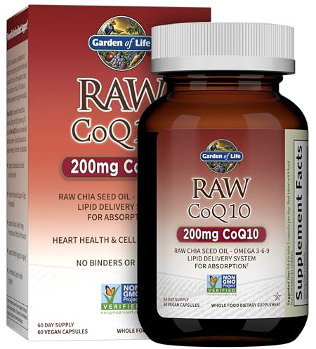 Garden of Life CoQ10 200mg, Vegetarian Omega 3 6 9 Supplement Raw Co Q 10 Chia Seed Oil, Whole Food Nutrition with Antioxidant Support, Coenzyme q10 Supplement for Heart Health, 60 Capsules