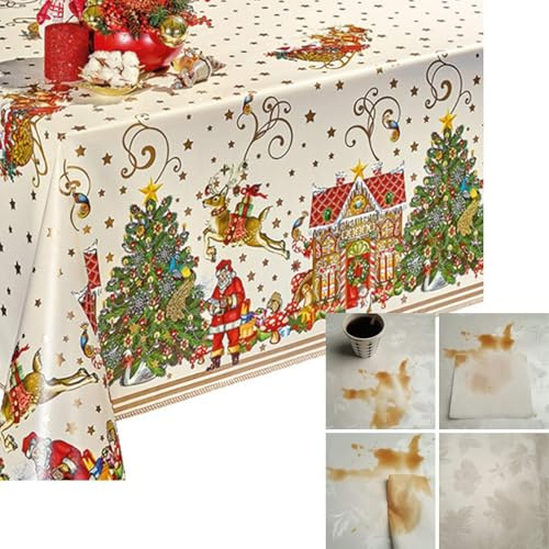 Decoser Heavy Duty Flannel Backed Vinyl Tablecloth with Flannel Backing Easy to Wipe-Clean Oilcloth Waterproof Plastic Rectangle 55x71 inch Table Cover for Christmas