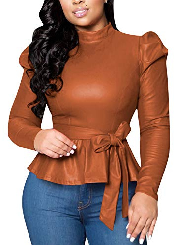 acelyn Women's Matte Mock Neck Turtleneck Long Sleeve Faux Leather Shirts Blouse Top with Belted Brown XXXL
