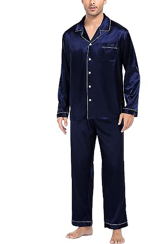 SWOMOG Pyjama Set for Men Silk Black Satin Pyjamas Button Down Sleepwear Long Pj Set 2 Pieces Pjs