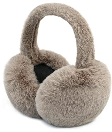 PIGBENGO Foldable Ear Muffs for Women Cold Weather Fluffy Earmuffs Winter Warm Headband Cute Slouchy Ear Warmers (Khaki)