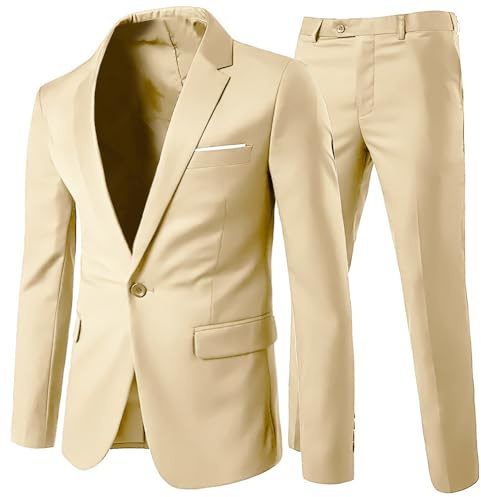 Allthemen Trajes para Hombre de 2 Piezas Slim Fit Vestido de Novia Traje de un botón Traje de Negocios Chaqueta Chaquetas Pantalones Beige1 XXL