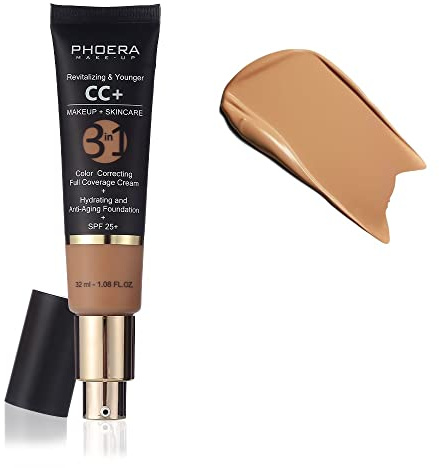 PHOERA Anti-Aging Color Correcting Full Coverage Cream Foundation SPF 25+ Revitalizing & Younger infused Concealer with Vitamins For dark circles, acne scars, wrinkles & redness. (Sand)