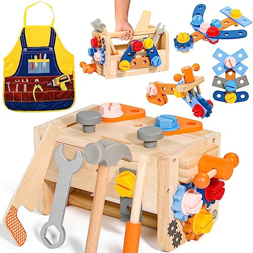 Wooden Kids Tool Set Toys for 2 Year Old Boys Girls with Apron Montessori Role Play Educational Construction Toddler Tool Box Kids Tool Bench Boys Girls Toys Age 3 4