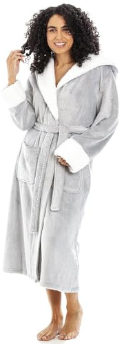 Camille Women's Fleece Hooded Dressing Gown | Calf-Length, Deep Pile Luxury Sherpa Lined Hooded Bathrobe | Fluffy & Super Soft | Long Sleeves, Belt Fastening & Front Pockets | Light Grey 10-12