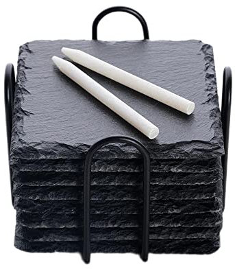 8 Pezzi Sottobicchieri in Ardesia con supporto, Sottobicchieri Neri per bevande, tazze, bar, vetro, con penna a gesso, 10 cm