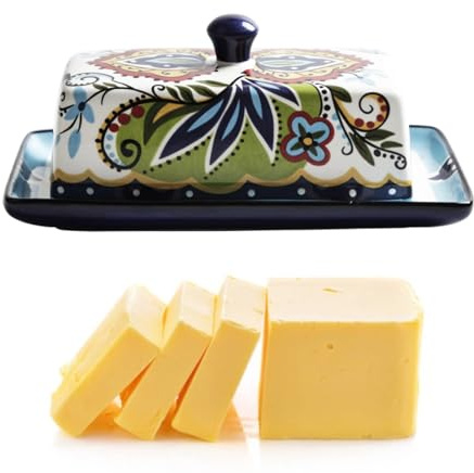 Burriera con coperchio, disegnata a mano, in ceramica, creativa, in stile europeo, vassoio per burro, con contenitore per formaggio vintage, per piano di lavoro della cucina, piatti multiuso per burro