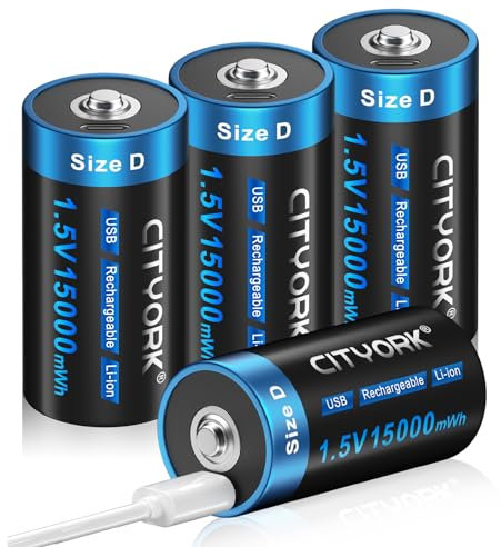CITYORK Pilas recargables de celda D, 1,5 V, 15000 mWh, USB de ion de litio D, recargables con cable tipo C, 4 unidades