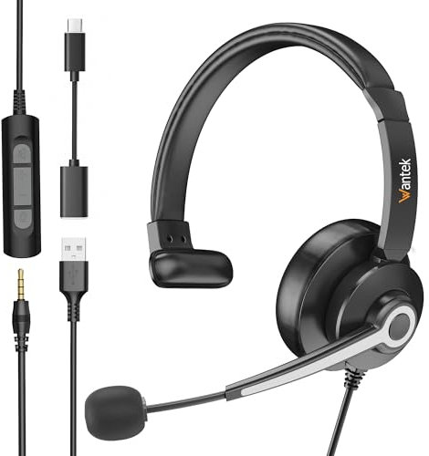 Wantek Mono Cuffie con microfono,USB/Tipo C/3,5 mm jack 3 in 1 Cuffie con Filo PC,con riduzione del rumore e regolazione del volume per Call Center, Skype, Zoom, Home Office, corsi online
