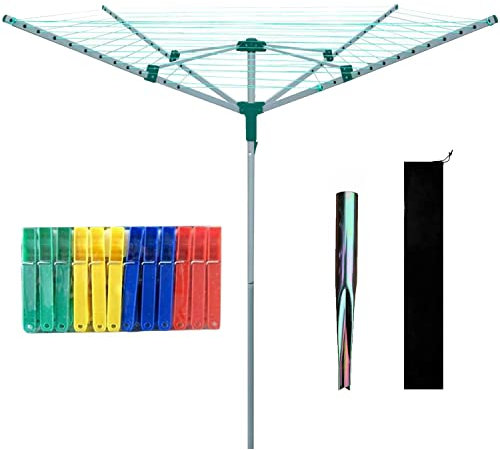 Crystals 4 Arm 50M Cloth Airer Heavy Duty Rotary Washing Line Clothes Airer Outdoor Garden Dryer With Free Ground Spike + Cover, Grey