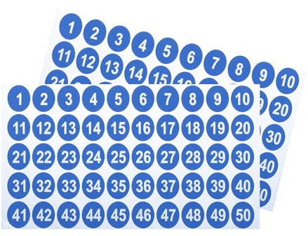 QUARKZMAN 2 ark runda antal klistermärken, 1–50 vinyl i följd antal klistermärken självhäftande nummer klistermärken för kontor klassrum förvaringsbox, blå (1 tum vardera)