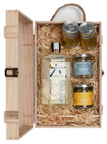 Generic Roku Suntory Japanese Craft Gin 70cl Gift Set - Includes Luxury Nibbles in a Wooden Gift Box Set, Gifts for Gin Lovers, Gin Gift Set, Gin Hamper, Gifts for her