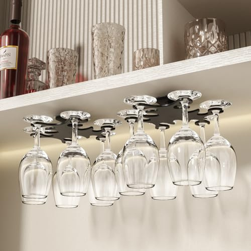 Vaisoeny Glashållare, 360° steglöst roterande vinglashållare, inget hål vinglashållare hängande under hyllan, enkel installation vinglas, förvaring för kök och barer. (2-pack svart)
