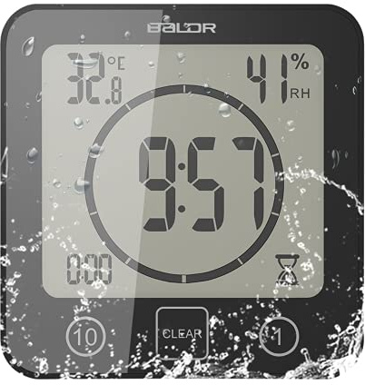 Digital Bathroom Shower LCD Wall Clock with Suction, Waterproof Temperature Humidity Gauge, Touch Screen Timer, Large Countdown Timer (Black)