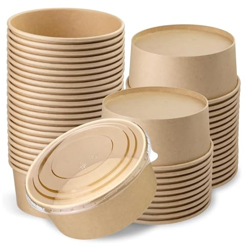 CaterCo Disposable Kraft Salad Containers with Lids (1000ml - 50 Sets) - Food Bowls for Hot/Cold Use for Takeaway, Round Leakproof Kraft Paper Container, Microwavable, Eco-Friendly (1000ml - 50 Sets)