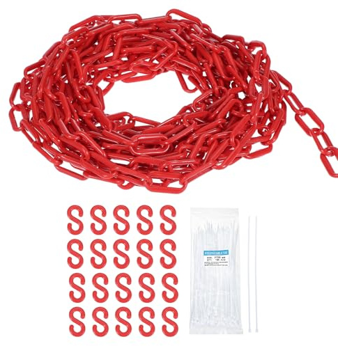 sourcing map Cadena de plástico de 30,5 m, cadena de seguridad, barrera de eslabones de plástico rojo con bridas de cremallera y ganchos en S para decoración de valla de línea de cola de control de
