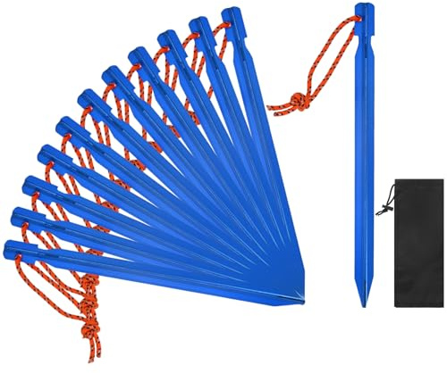 TIXIPEM 7IN Tent Stakes [12PCS] - Aluminum Ground Pegs with Reflective Pull Ropes Use for Camping & Hammocks & Hiking - [Blue] Camping Stakes with A Carrying Bag