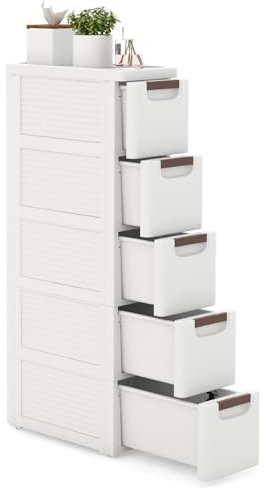 GOPLUS Nischenschrank schmal, Badschrank klein mit Schubladen & Rollen, Toilettenschrank für Toilettenpapier, Nischenwagen Nischenregal Apothekerschrank Badezimmerschrank (mit 5 Schubladen)