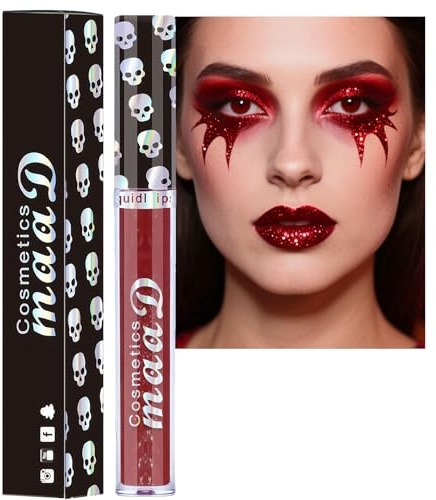 Glitter Lipstick, Red Glitter Lip Gloss, Lipstick Long Lasting for Women, Burgundy Dark Red Lip Stain, Metallic Shimmer, Non-Stick Cup High Pigmented Waterproof, Sparkly Lipgloss Makeup