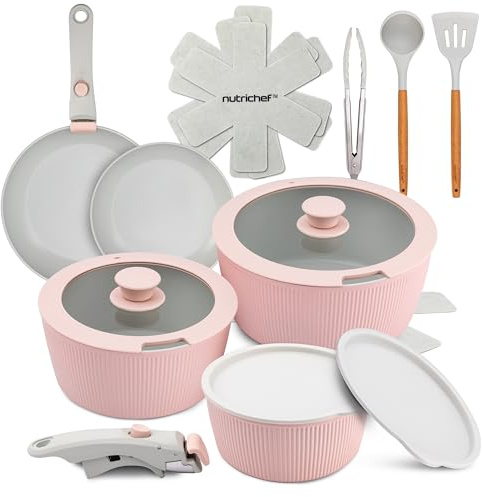 NutriChef 18-teiliges Keramik-Kochgeschirr-Set, abnehmbare Griffe, PTFE-frei, Antihaft, platzsparend, ofen- & herdgeeignet, Rosa