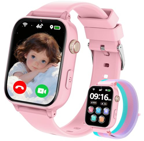 Reloj Inteligente Niño con GPS y Llamadas, 4G Smartwatch Niños Niña con Telefono, SOS, Chat de Voz, Videollamada, Modo Clase, Cámara, Podómetro, Reloj Infantil Niño Niña de 4 a 10 11 12 Años, Rosa