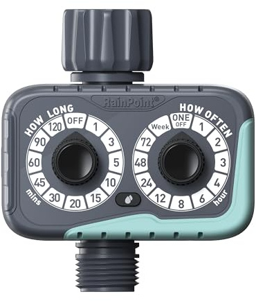 RAINPOINT Temporizador de aspersor, temporizador de agua de manguera de jardín de 2 esferas, programable automáticamente, resistente a la intemperie para césped, plantas y riego por goteo
