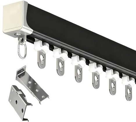 Pista De Cortina Deslizante Invisible Montaje En Techo O Pared Separador De Habitaciones Barras De Cortina Aluminio para Inicio Dormitorio Con Rodillos Silenciosos(Negro,200cm/6.6ft(2 * 100cm))