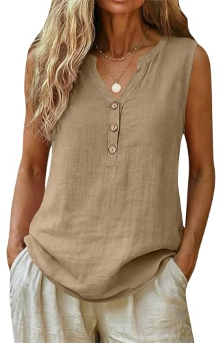 Débardeur Femme en Lin et Coton Haut sans Manches Col en V À Boutons | Décontracté Été Blouse Ample Respirant pour Le Quotidien et Le Travail