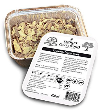 Smokey Olive Wood 400ml, virutas de Madera de Naranjo para Barbacoa & ahumar, Talla 5mm - 1cm, Listo para su fácil Uso, en Bandeja de Aluminio