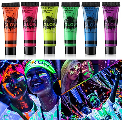 HomeHere Glow in Dark Face Body Paint UV Blacklight Neon Fluorescent 0.34oz Set of 6 Tubes