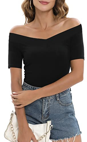 Sarin Mathews Womens Off The Shoulder Short Sleeve Tops Slim Fit Blouse Shirts Black L