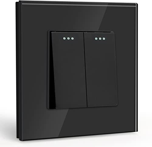 BSEED Light Switch 2 Gang 1 Way,Glass Light Switches,Screwless 10A Rocker Tactile Wall Switch,Black Crystal Toggle Switch
