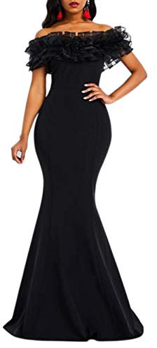 VERWIN bodenlanges Maxikleid mit halben Ärmeln, schulterfrei, figurbetontes Damenkleid mit Farbblock, Schwarz ärmellos, Groß