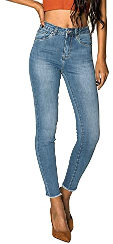 Nina Carter P077 Jeans ajustados de mujer con cintura alta de aspecto usado Efecto lavado de mezclilla, XL