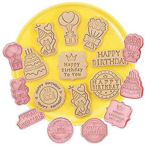 Compleanno Formine per biscotti, Stampi per Biscotti, 3D stampi biscotti Set, Formine Biscotti Bambini Stampi per biscotti, strumento di cottura in rilievo per biscotti fai da te (8 Pezzi)