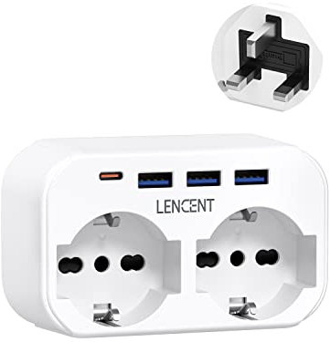 LENCENT Adattatore Presa Inglese da Viaggio, 6 in 1 Spina Tipo G con 2 Prese CA e 3 USB e 1 USB-C, 3250W Adattatore Presa per Viaggiare in Regno Unito, Irlanda, Dubai, Maldive, Scozia, Singapore