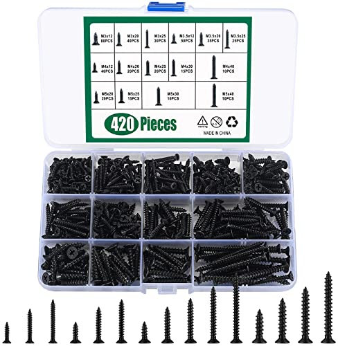 420 Stk Selbstschneidende Schrauben, Blechschrauben Kreuzschrauben, schwarzer Flachkopf Kreuzkopf Holzschrauben, Trockenbau Möbel Maschine Schrauben Sortiment Set - M3/M4/M5