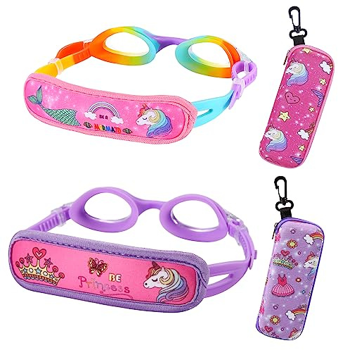 RUIGAO Kids Swim Goggles Age 2-6, Toddler Goggles No Hair Pull,UV Protection/Anti Fog/Padded HeadBand (2PK Kids - Rainbow/Purple)