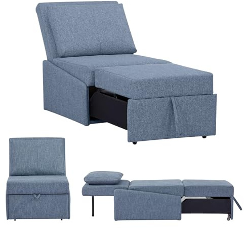 EVERGREENWEB - Poltrona Pouf Letto Singolo con Materasso e Cuscino INCLUSO, Prontoletto Salvaspazio Pieghevole, Pouf Poggiapiedi, Ottomano, Comodo Schienale Regolabile e Tasca Laterare | SOFY (Blu)