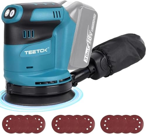 TEETOK Random Sander, Cordless Brushless Random Orbital Sander, Polishing Machine with 12 Sandpapers, Compatible with Makita 18V Batteries, Ideal for Wood,Polishing,Sanding (Body Only)