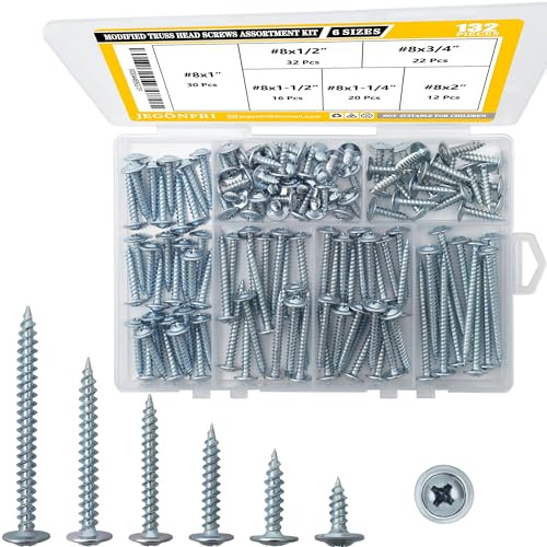 JEGONFRI #8 Modified Truss Head Wood Screws Assortment Kit, 132 pcs, Phillips Drive, Wood Screws, Screws Assortment, Screws, Screws Set, 6 Sizes (1/2”, 3/4”, 1”, 1-1/4”, 1-1/2”, 2”)