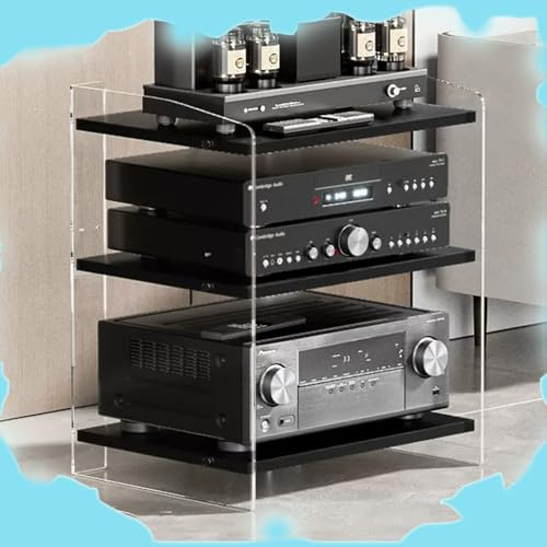 ZIUSFAC Support HiFi Étagère Acrylique Meuble HiFi 3/4 Couches Audio Rack Stéréo Lecteur DVD Etagère Media Stand Enceinte Cinéma Centre De Divertissement Appareils(Clear+Black,40x52.2x60.6cm)