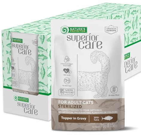 Nature's Protection Superior Care Wet Cat Food for Sterilised Cats - Tuna Grain Free Hypoallergenic Cat Food Pouches for Weight Control, Urinary Health & Vitality - Adult All Breeds (24 x 70g)