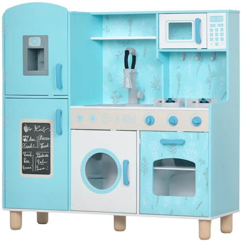 AIYAPLAY Cocina de Juguete para Niños +3 Años de Madera Infantil con Sonido, Fogón, Horno, Grifo, Fregadero, Microondas, Lavadora, Máquina de Hielo y Accesorios Azul
