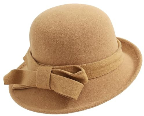 MESU Chapeau Cloche en Feutre Vintage pour Femme Style Années 1920 avec Bords Courbés Chameaux