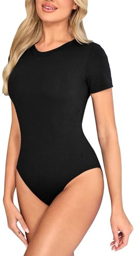 Kefiyis Bodysuit Short Sleeves Bodysuits for Women UK Crew Neck Body Suits Casual Slimming Stretch Leotard Tops with Snap Closure Thong Black XL