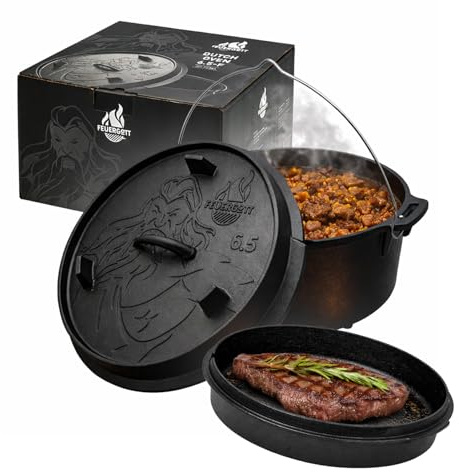 Feuergott Dutch Oven 6,5L mit Füßen – XL Feuertopf aus Gusseisen für Lagerfeuer, Dreibein, Glut, Outdoor – Ideal für Brot, BBQ, Schichtfleisch, Braten, Gulasch, Gruppen, Bräter, Camping, Schmoren