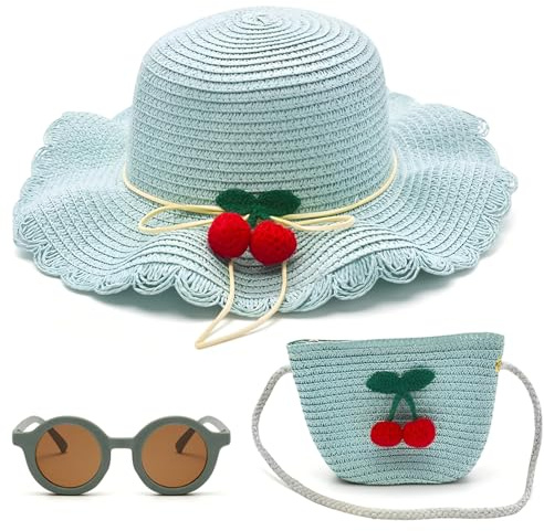 KDFSSIPE Cappello da Spiaggia Estivo Set di Borse Cappello di Paglia con Fiori Occhiali da Sole Cappello da Sole per Ragazze Adolescenti Turismo Vacanze Spiaggia attività All'aperto (Ciliegia Verde)