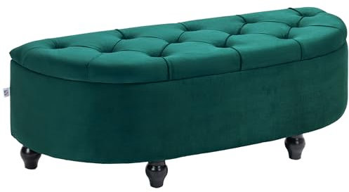 HOMCOM Banc de Rangement, Coffre de Rangement Design capitonné Demi-Cercle Bout de lit avec revêtement Velours, Pieds en Bois d'hévéa, pour Salon, Chambre, entrée, 120 x 46 x 42 cm, Vert